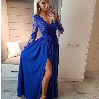 Royal blue a line lace prom dress evening gowns