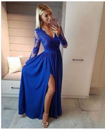 Royal Blue A Line Lace Prom Dress Evening Gowns