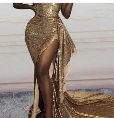 Gold Sequins Lace Prom Dress Evening Gowns