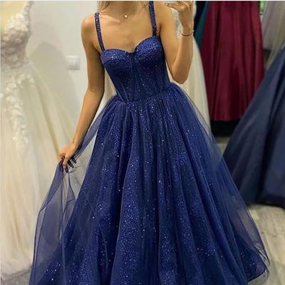 Blue sequins lace prom dress evening dress