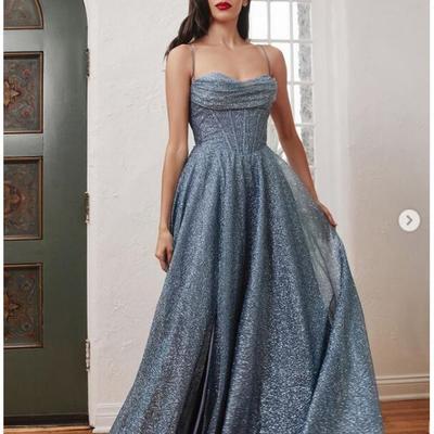 Blue sequins lace prom dress evening dress