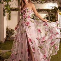 Simple Chiffon Side Slit Floral Prom Dress Evening Dress - Thumbnail 1