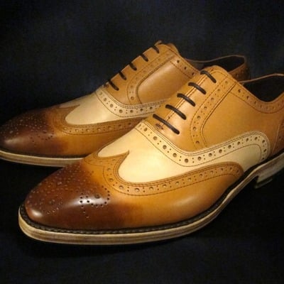 Handmade men classic oxford wingtip tan shading genuine leather lace up formal shoes - Thumbnail 2