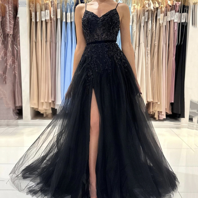 Black v-neck tulle beaded long prom dress, black evening dress