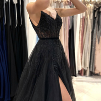 Black V-Neck Tulle Beaded Long Prom Dress, Black Evening Dress - Thumbnail 1