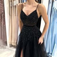 Black V-Neck Tulle Beaded Long Prom Dress, Black Evening Dress - Thumbnail 2