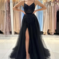 Black V-Neck Tulle Beaded Long Prom Dress, Black Evening Dress - Thumbnail 3