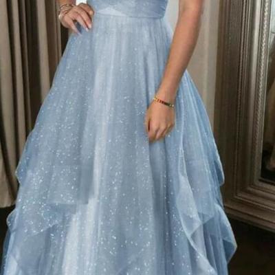 Elegant spaghetti straps blue tulle prom dresses - Thumbnail 3