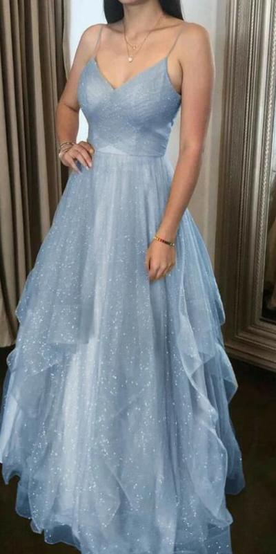 Elegant Spaghetti Straps Blue Tulle Prom Dresses