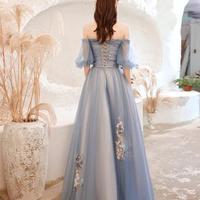Beautiful Off Shoulder A Line Blue Tulle Prom Dress with Lace  - Thumbnail 3