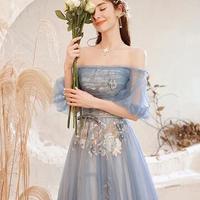 Beautiful Off Shoulder A Line Blue Tulle Prom Dress with Lace  - Thumbnail 2