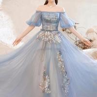 Beautiful Off Shoulder A Line Blue Tulle Prom Dress with Lace  - Thumbnail 1