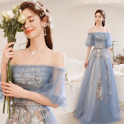 Beautiful off shoulder a line blue tulle prom dress with lace  - Thumbnail 1