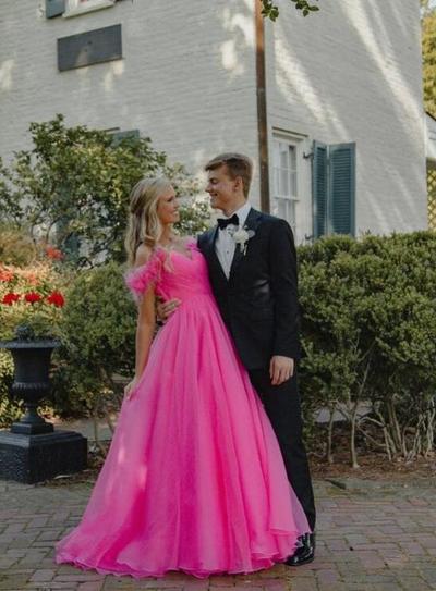 Off the shoulder hot pink long prom dress