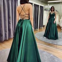 Simple Green V Neck Open Back Satin Prom Dresses - Thumbnail 1