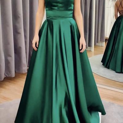 Simple green v neck open back satin prom dresses - Thumbnail 4