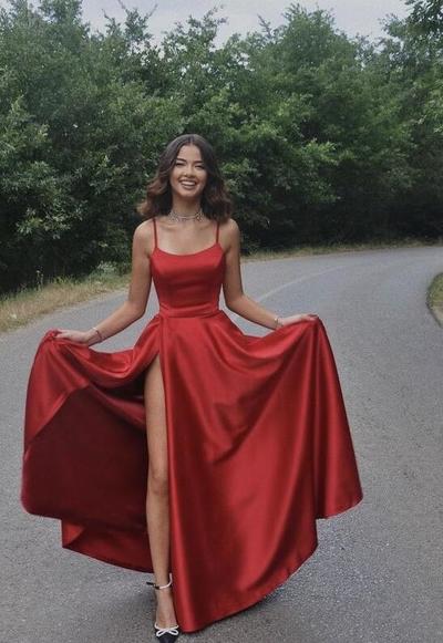 Spaghetti Straps Red Satin Long Prom Dresses 