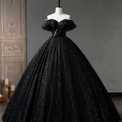 Black tulle long prom dress, black off shoulder evening dress - Thumbnail 1
