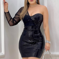 V-Neck Black Sequin One-Shoulder Dress - Thumbnail 1