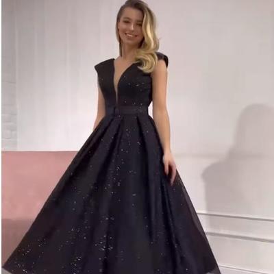 Simple black sequins lace prom dress evening dress