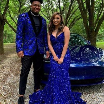 Beautiful royal blue v neck long sequin prom dresses - Thumbnail 1