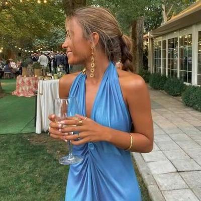 Simple halter a line blue long prom dresses