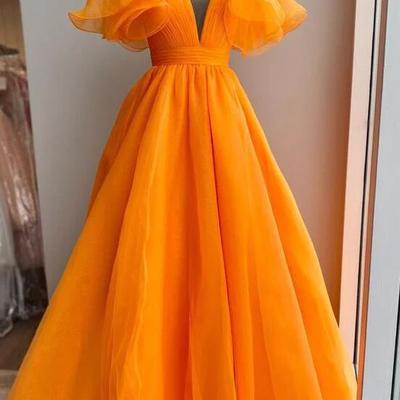 Uniqus orange long v neck formal prom dress  - Thumbnail 2