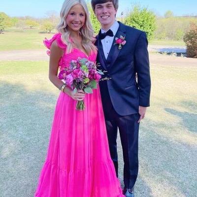 Elegant hot pink long v neck prom dresses