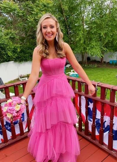 A Line Straps Hot Pink Evening Gowns 