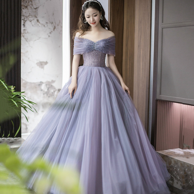 Purple tulle beaded long prom dress, off shoulder evening party dress - Thumbnail 3