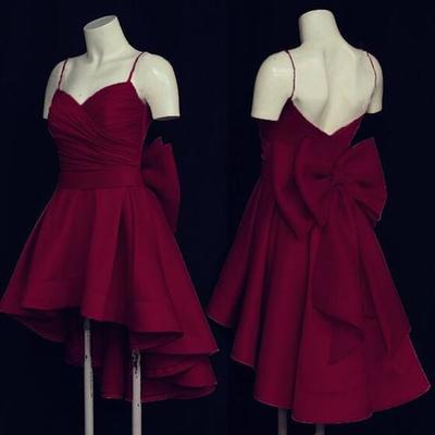 Cute high low short burgundy prom dress with bow  - Thumbnail 2