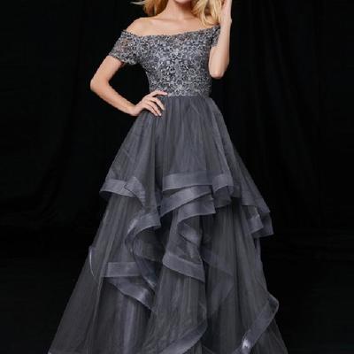 A line off shoulder grey lace prom dresses - Thumbnail 3