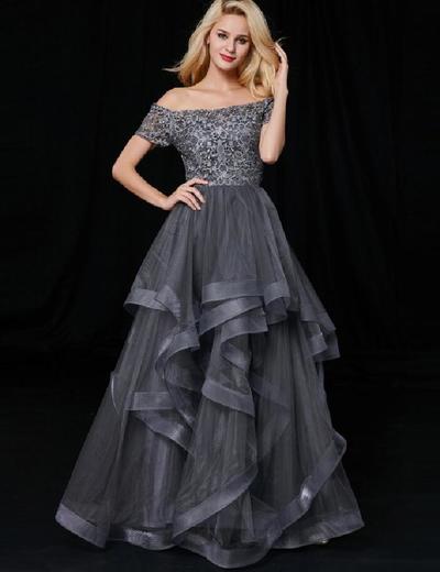 A Line Off Shoulder Grey Lace Prom Dresses