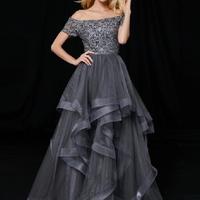 A Line Off Shoulder Grey Lace Prom Dresses - Thumbnail 1