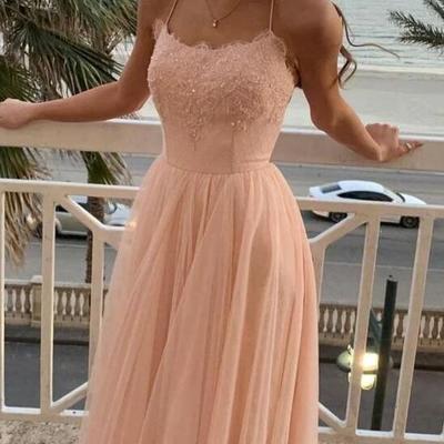 Spaghetti straps a line pink tulle long prom dress - Thumbnail 2