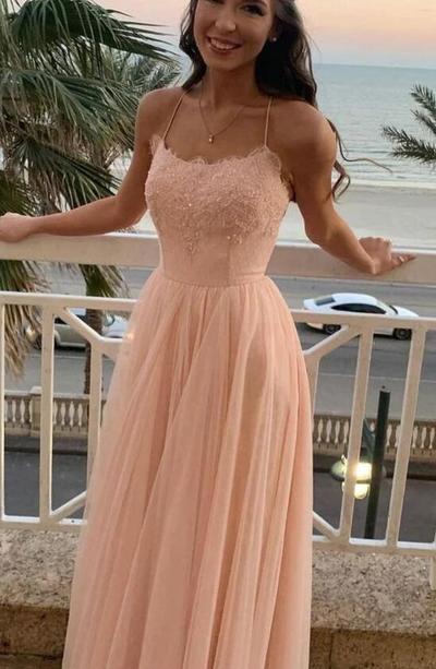 Spaghetti Straps A Line Pink Tulle Long Prom Dress