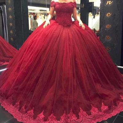 Off shoulder princess burgundy ball gown lace party dresses - Thumbnail 3