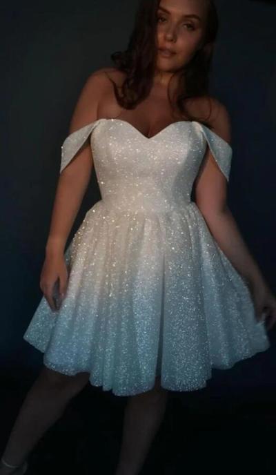 New Arrival Off Shoulder White Sequin Short Homecoming Dresses 