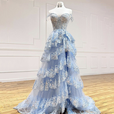 Blue tulle sequins long prom dress, off shoulder evening party dress - Thumbnail 1