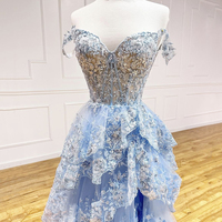 Blue Tulle Sequins Long Prom Dress, Off Shoulder Evening Party Dress - Thumbnail 1