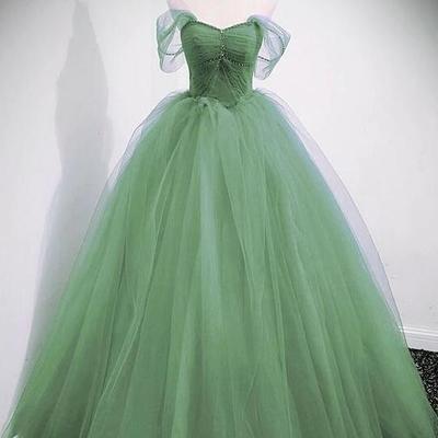 Off shoulder sweetheart princess light green long tulle prom dress