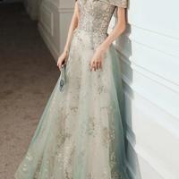 Elegant Off Shoulder A-Line Glittering Floor Length Tulle Prom Dresses - Thumbnail 1