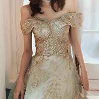 Elegant Off Shoulder A-Line Glittering Floor Length Tulle Prom Dresses - Thumbnail 2