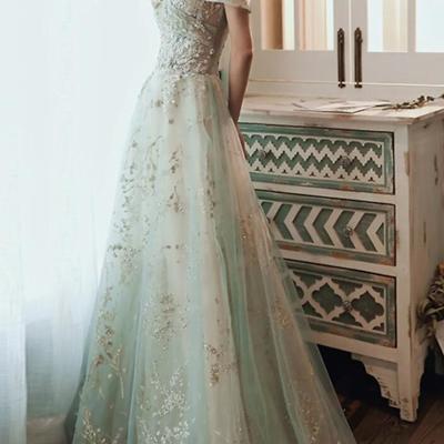 Elegant off shoulder a-line glittering floor length tulle prom dresses - Thumbnail 2