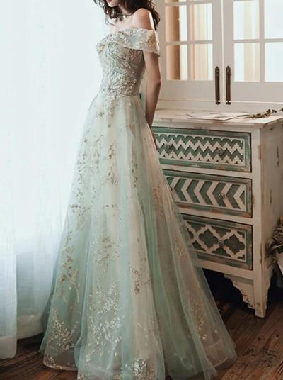 Elegant Off Shoulder A-Line Glittering Floor Length Tulle Prom Dresses