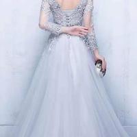 A Line Luxurious Silver Tulle Prom Dress with Appliques - Thumbnail 2