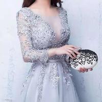 A Line Luxurious Silver Tulle Prom Dress with Appliques - Thumbnail 1