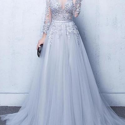 A line luxurious silver tulle prom dress with appliques - Thumbnail 2