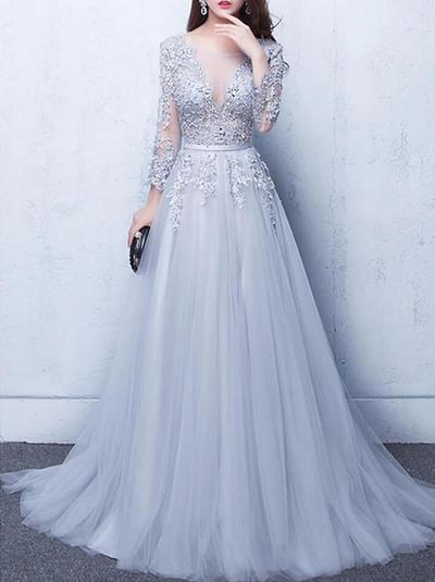 A Line Luxurious Silver Tulle Prom Dress with Appliques