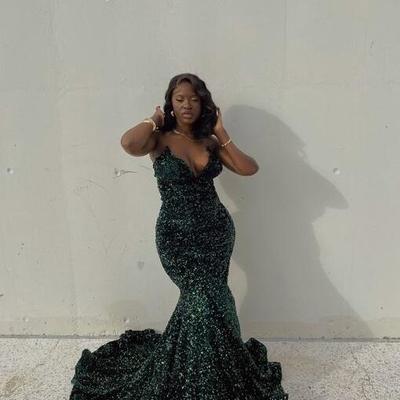 Mermaid v neck long sequin prom dresses